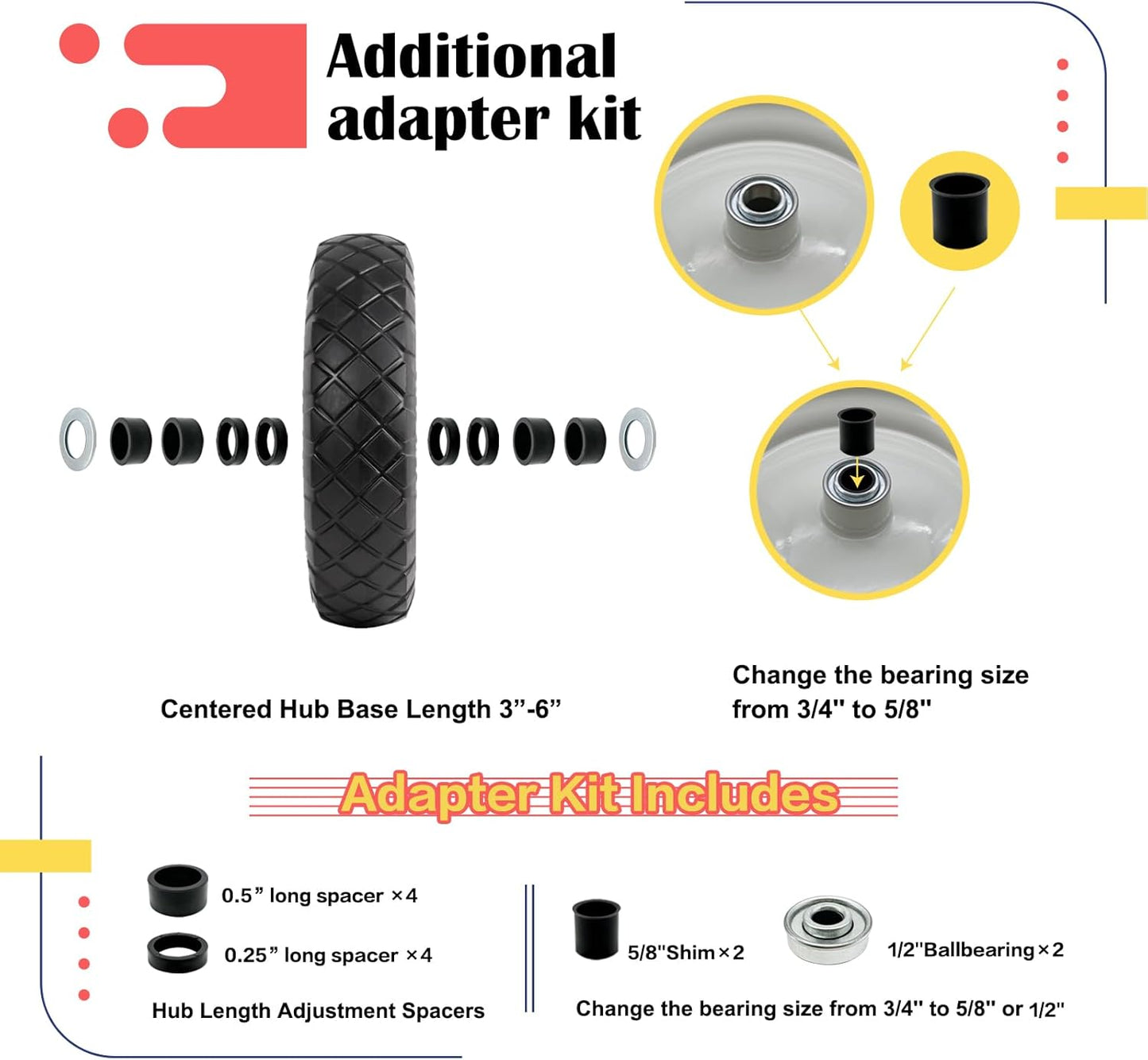 2 Ruedas Carretilla 4.80-8 Cubo 3-6" Rodamientos 3/4" Kit