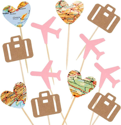 24 Pzas Decoración Cupcakes Mapa Avión Corazón Rosa Caja Viaje