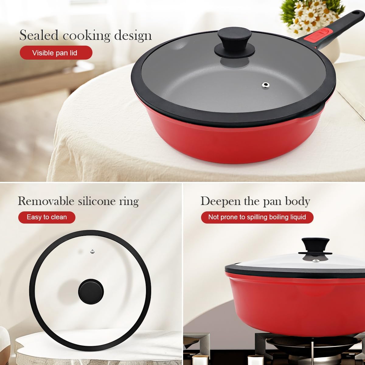 Sartén antiadherente 12pulg 5qt con tapa mango desmontable rojo