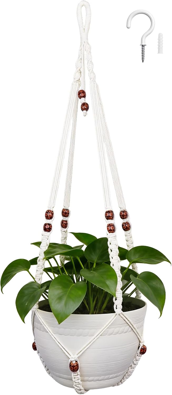 Colgador macramé 35pulg cesta con cuentas madera para macetas