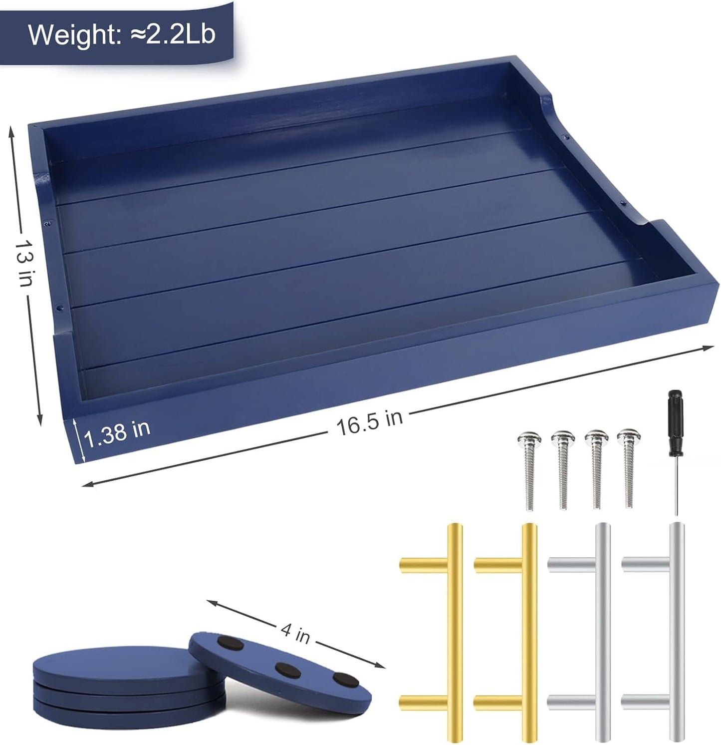 Bandeja mesa auxiliar madera 2 asas 4 posavasos azul oscuro
