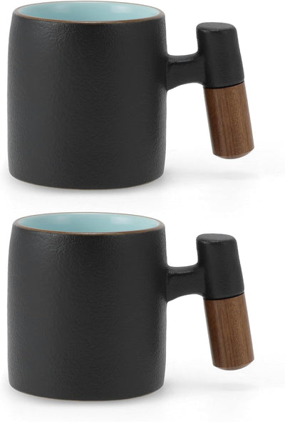 Juego de 2 tazas de café expreso de cerámica con mango de madera color negro