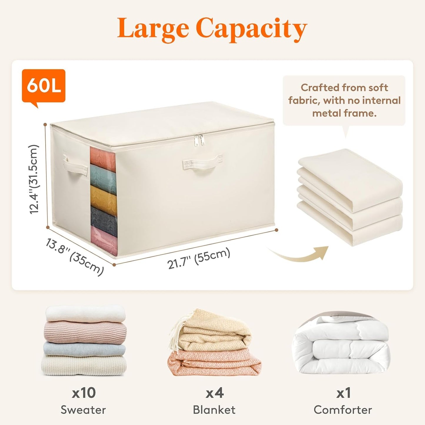 Bolsas almacenamiento edredón algodón lona 60L plegables
