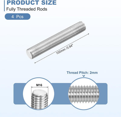 4 Pzas Varillas Roscadas Acero Inox 304 M16-2.0x100mm Plateado