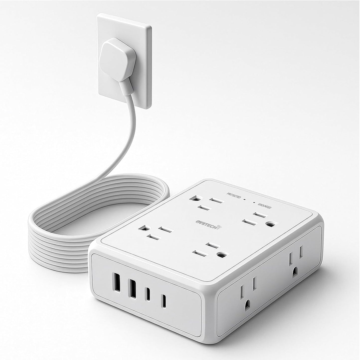 Cable extensión plano 6ft 8 salidas 4 USB oficina hogar blanco