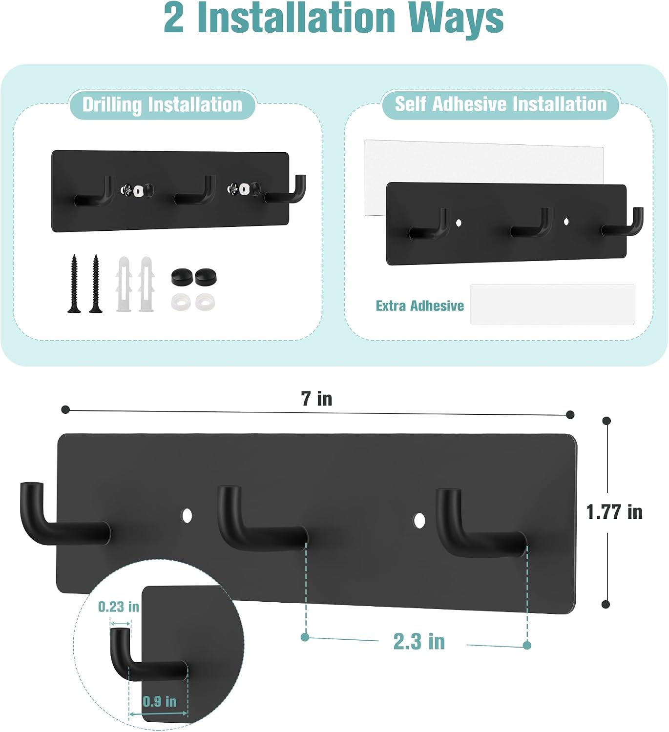 Soporte llaves pared metal autoadhesivo 3 ganchos negro