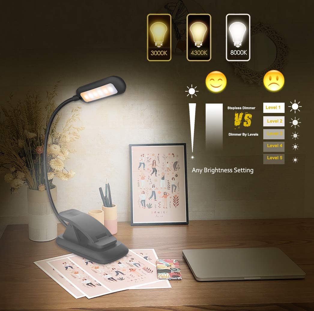 Luz lectura recargable con clip 3 modos brillo regulable para niños