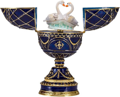 Caja música estilo Faberge con cisnes azul 6.8"