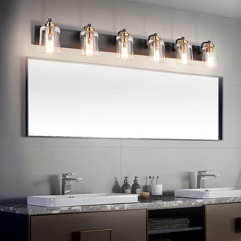 Lámpara tocador baño 6 luces negro latón vidrio vintage
