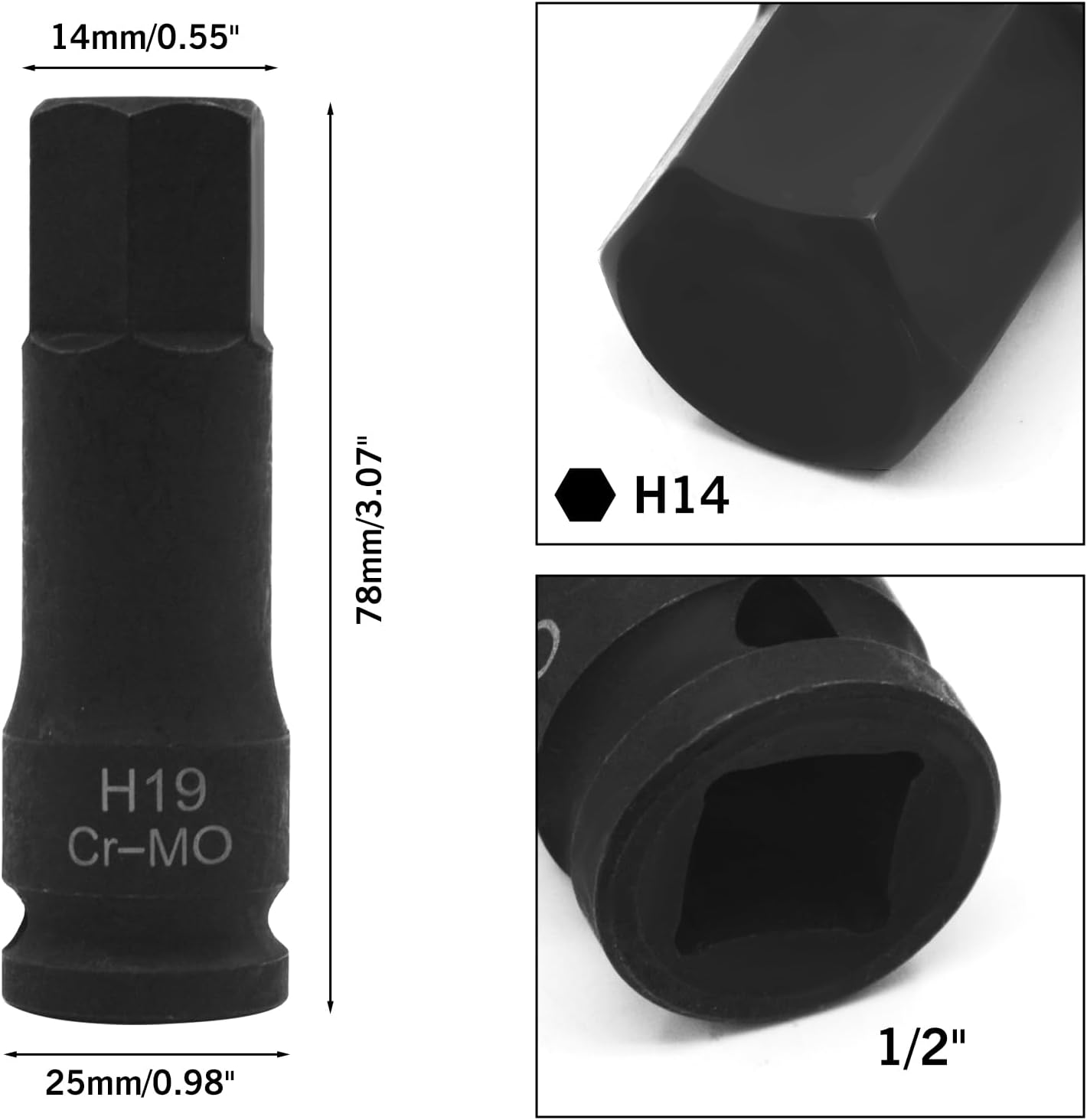 H19 Hex Impact Bit 1/2pulg Cr-Mo Acero