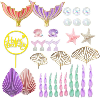 Juego decoración pastel sirena colas algas hojas doradas