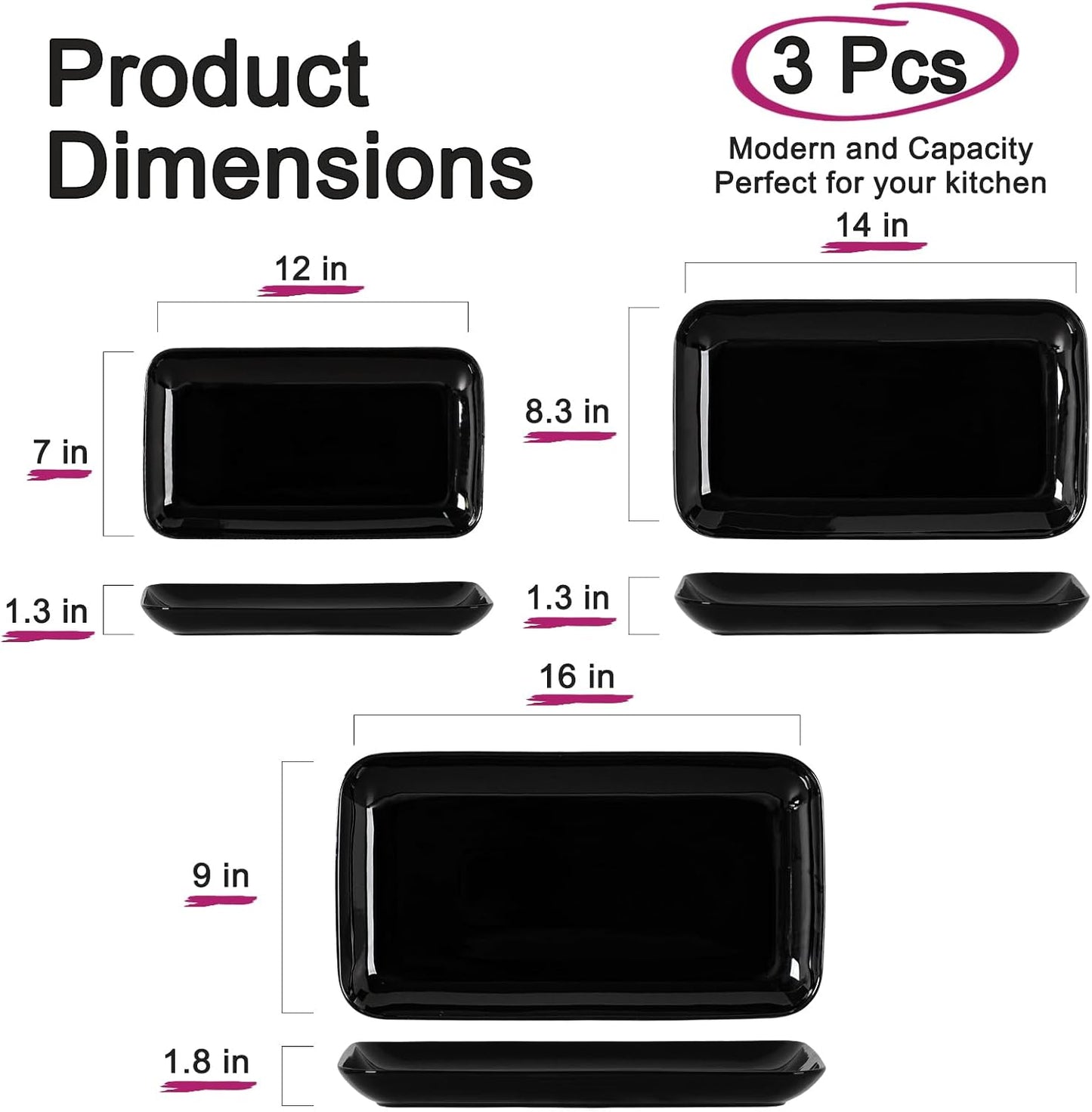 Set 3 platos rectangulares porcelana 16/14/12 pulg negra