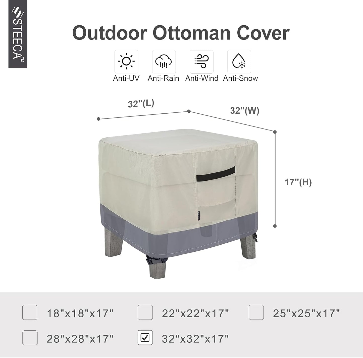 Funda otomana para patio impermeable 32x32x17"