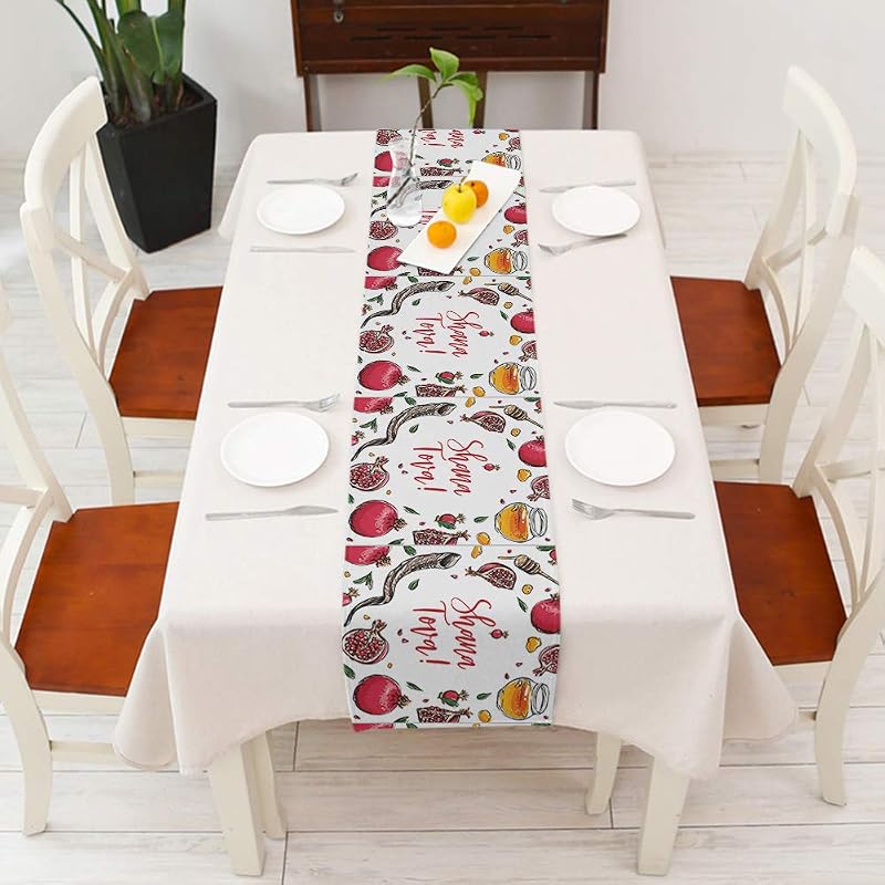 Camino mesa Rosh Hashanah 14x72pulg algodón lino decoración