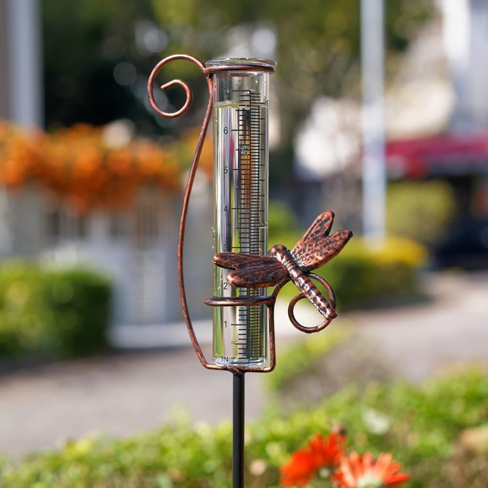Medidor lluvia libélula metal 7" jardín decoración