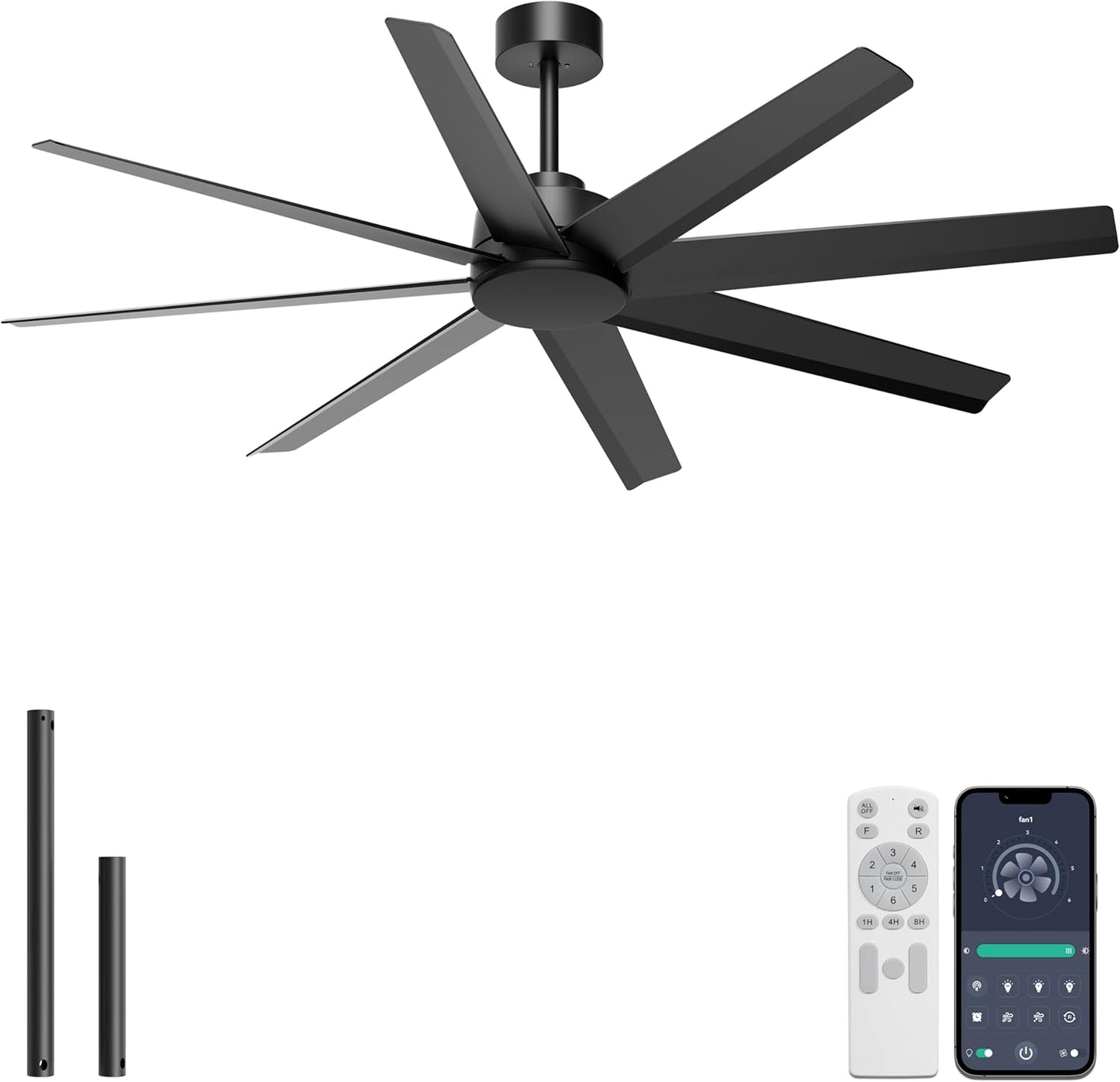 Ventilador techo 60pulg negro 8 aspas control remoto motor CC