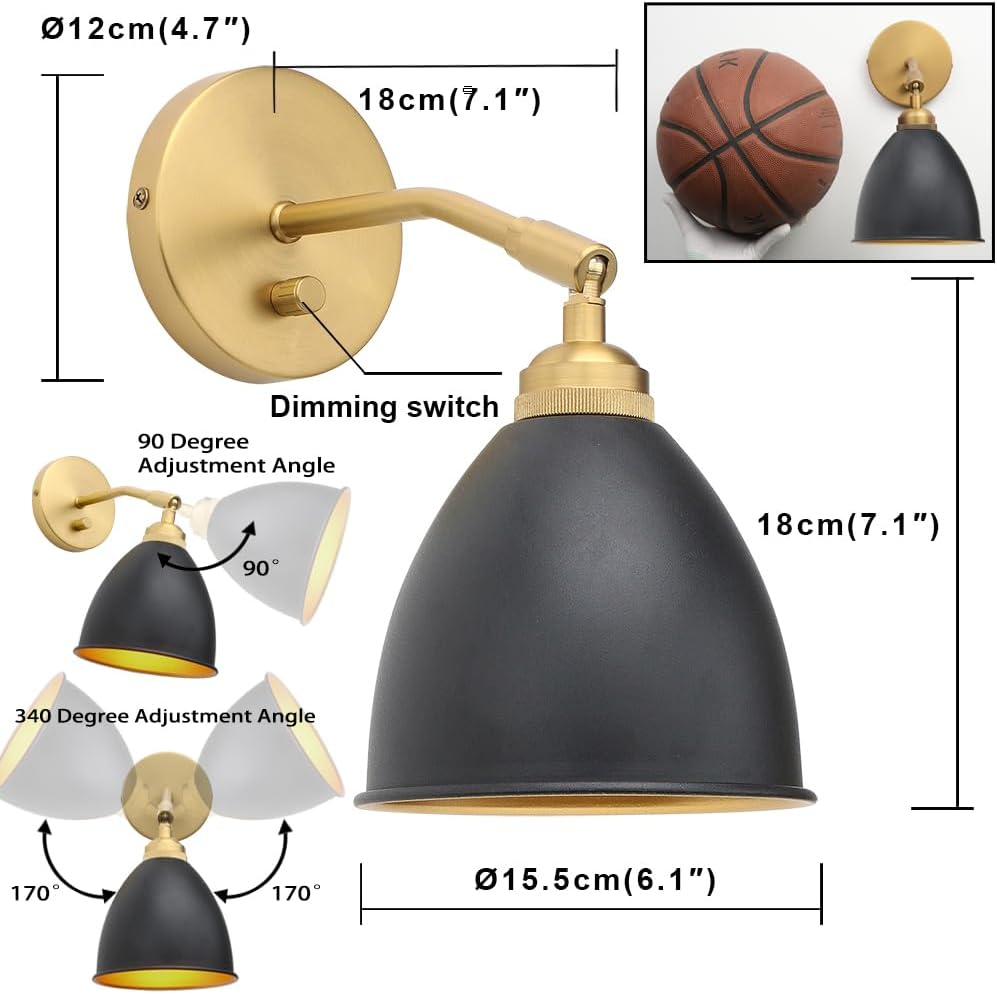 Lámpara pared vintage pack 2 interruptor metal negro 6.1pulg