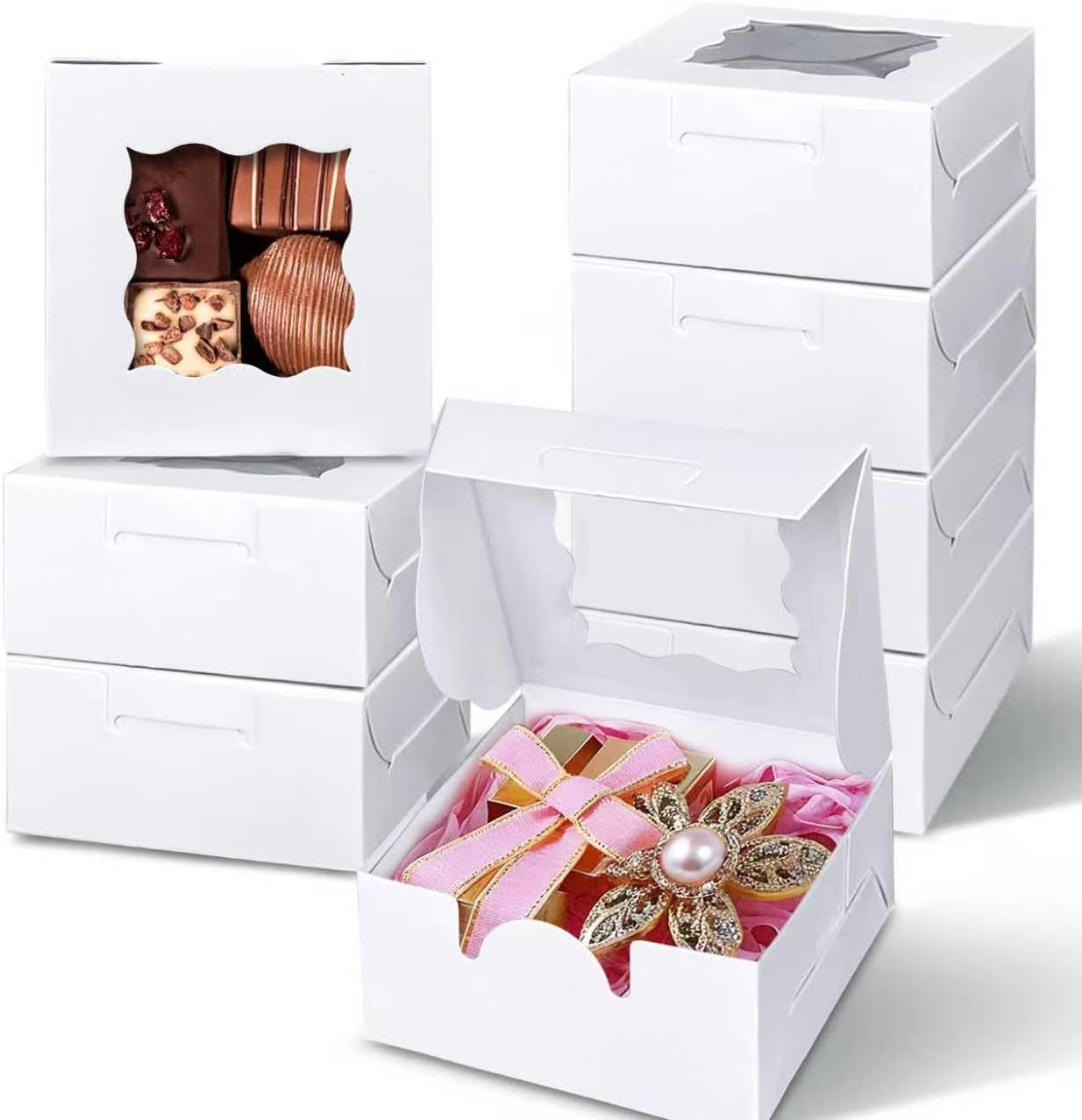 35 Cajas Galletas Blancas 3x3x1.5pulg Ventana Mini Donas Bodas