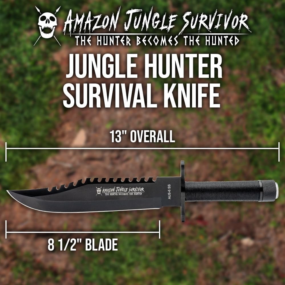 Cuchillo supervivencia acero inox 8.5" brújula funda cuero