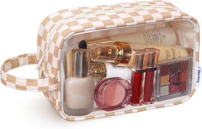 Bolsa maquillaje transparente con cremallera y asa para viaje