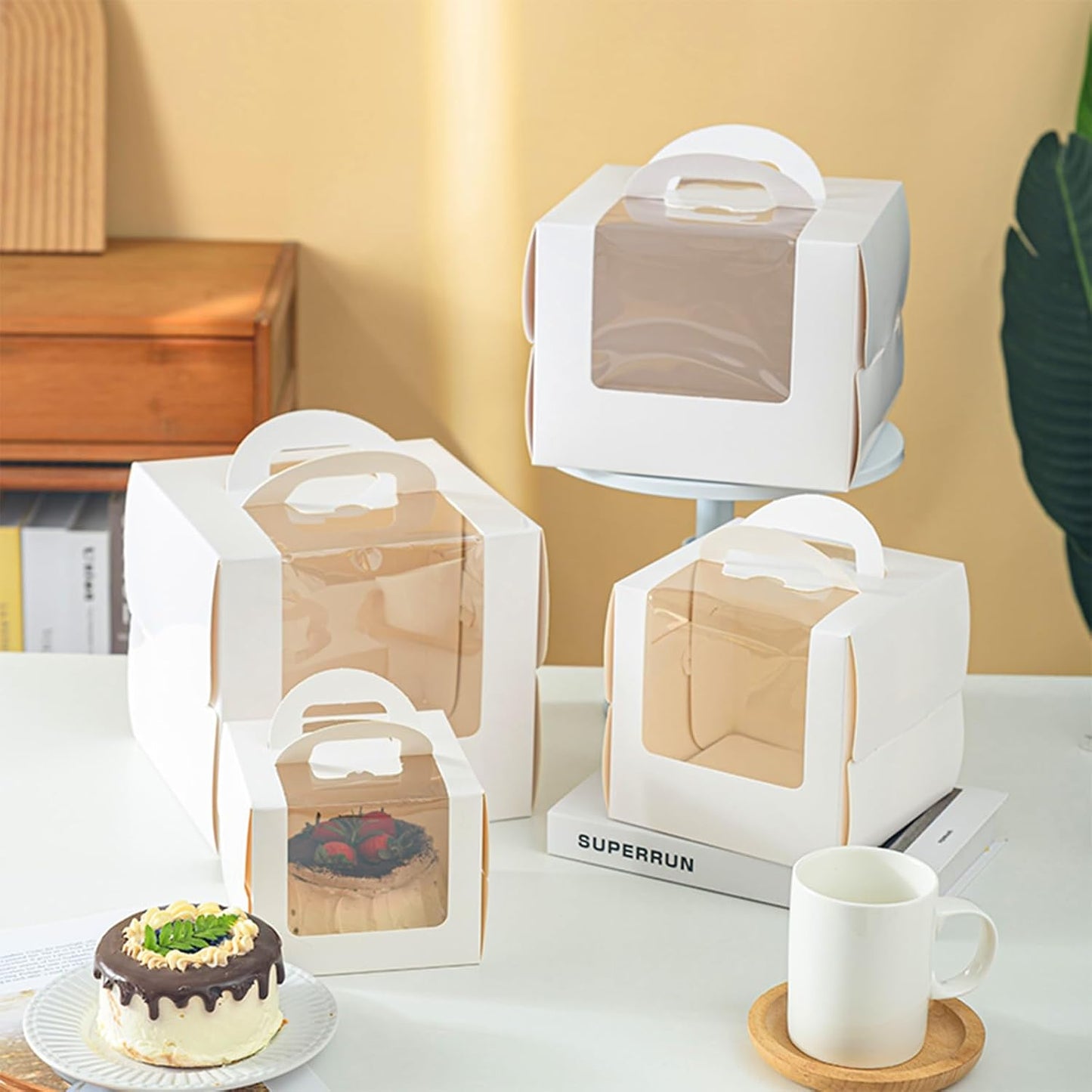25 Cajas Blancas Tartas 5x5x4" Asa Tableros Soportes Ventana