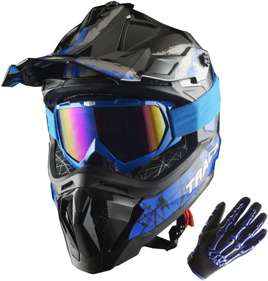 Casco motocross adultos pista azul gafas guantes esqueleto