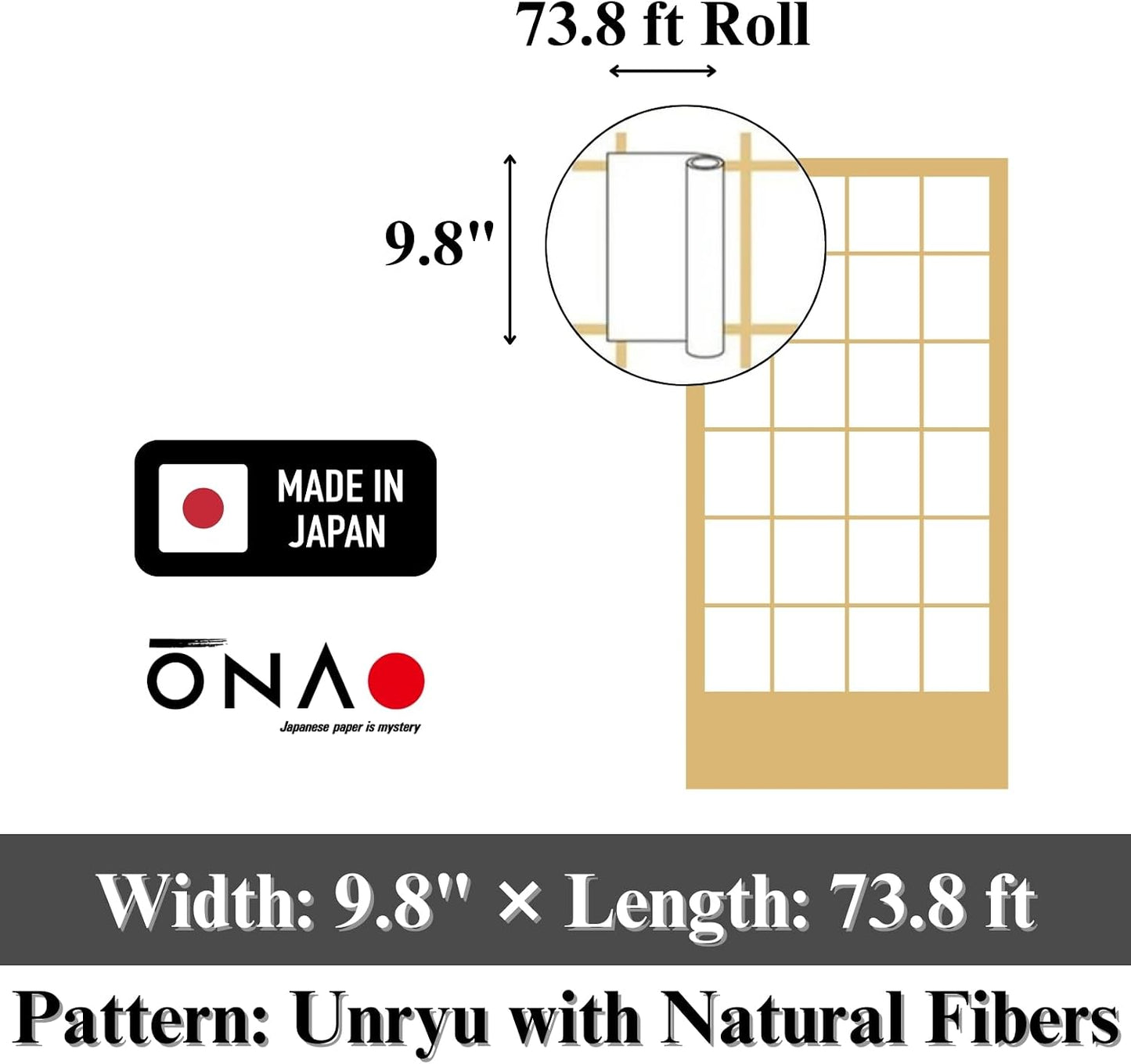 Rollo papel Shoji 9.8pulg x73.8ft patrón Unryu natural