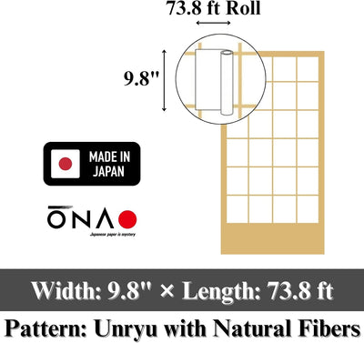 Rollo papel Shoji 9.8pulg x73.8ft patrón Unryu natural
