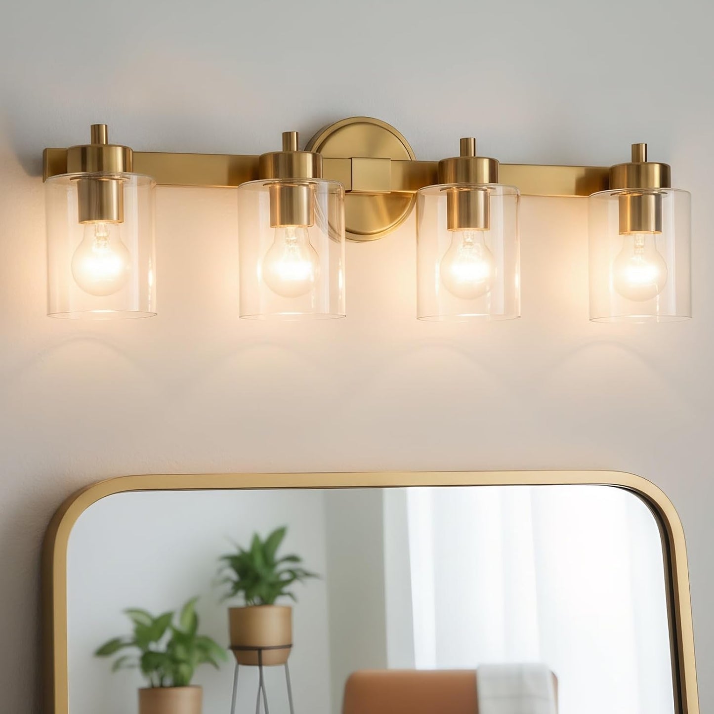 4 Luces Tocador Baño Oro Cepillado Pantalla Vidrio 62.5cm