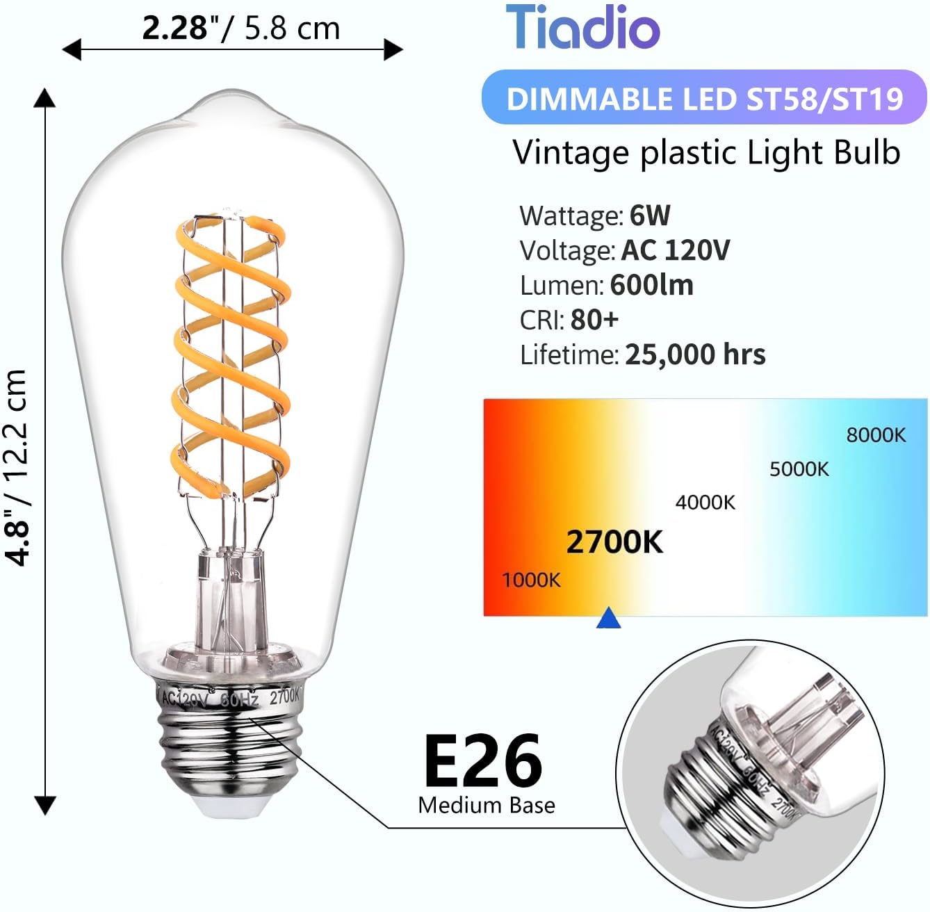4 Pzas Bombilla LED Edison ST58/ST19 6W 2700K Regulable