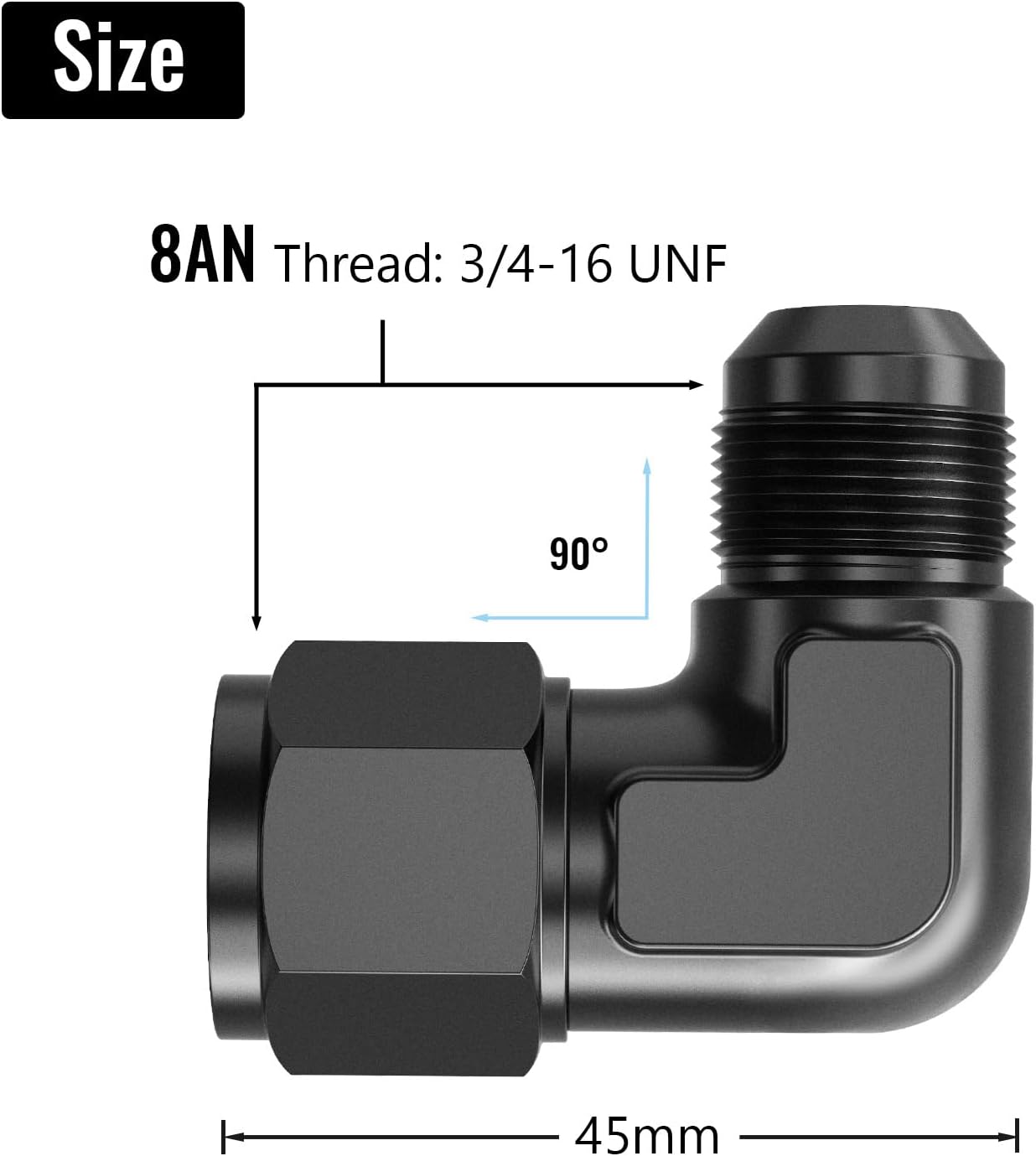 Adaptador 8AN hembra a macho 90 grados aluminio negro