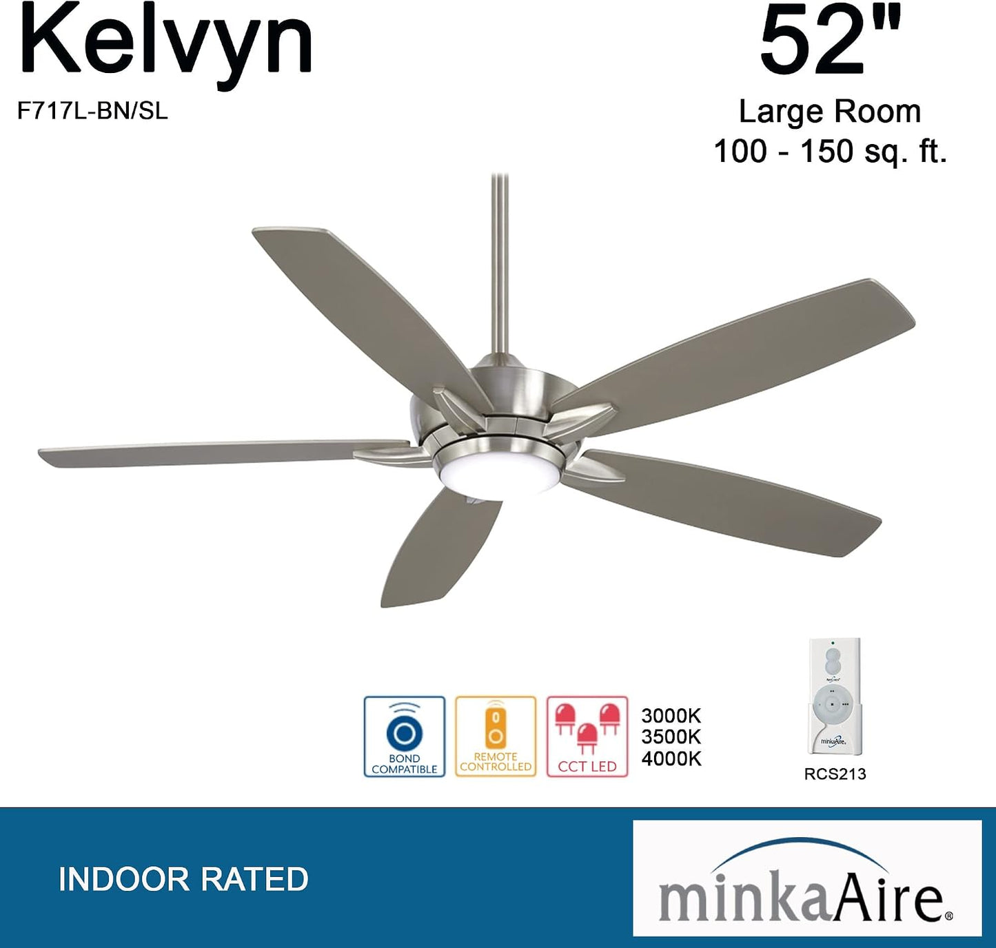 Ventilador techo 52pulg níquel cepillado con luz LED CCT
