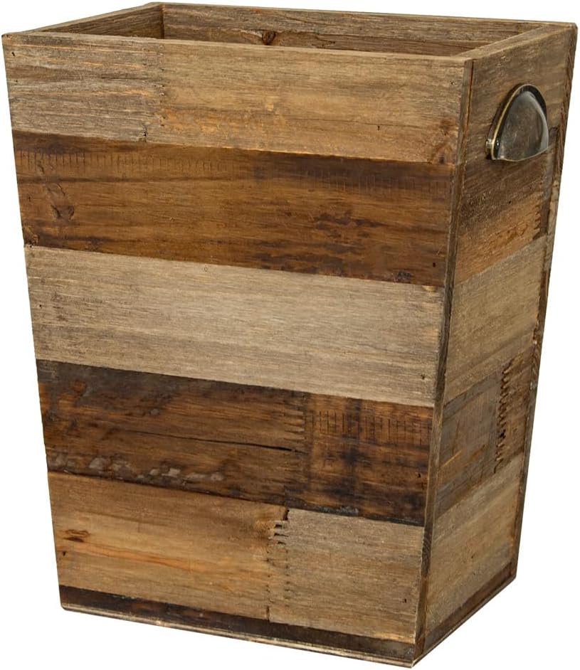 Cubo basura madera reciclada rústica con asas metal