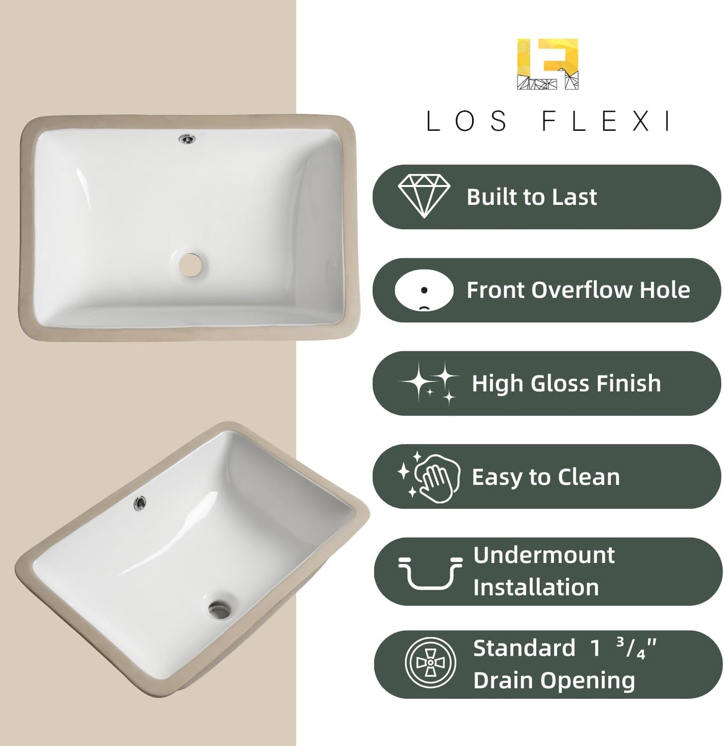 Lavabo baño rectangular 24pulg bajo encimera porcelana