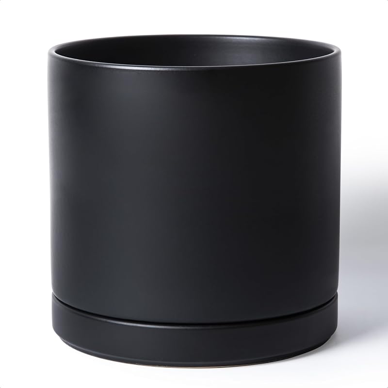 Maceta cerámica 12" color negro diseño moderno