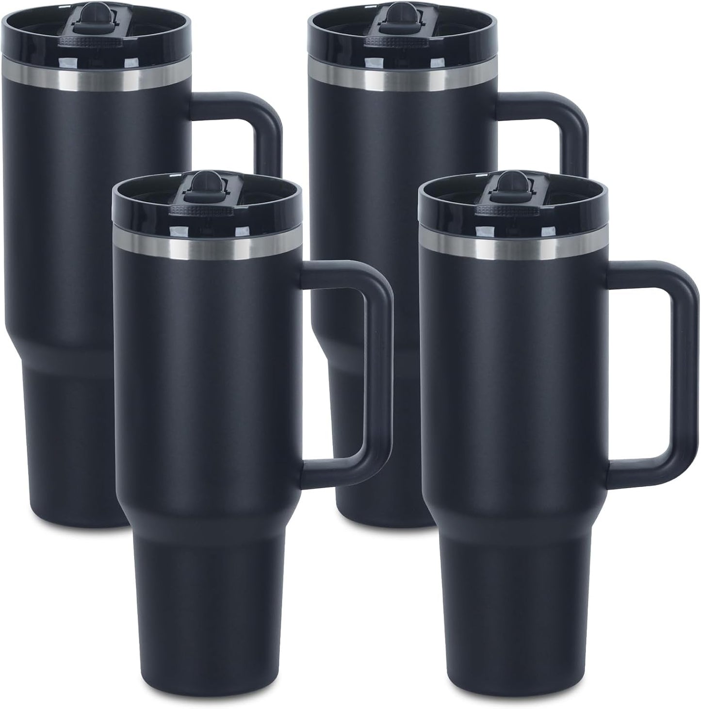 4 Vases 40oz con asa tapa abatible popote aislado negro