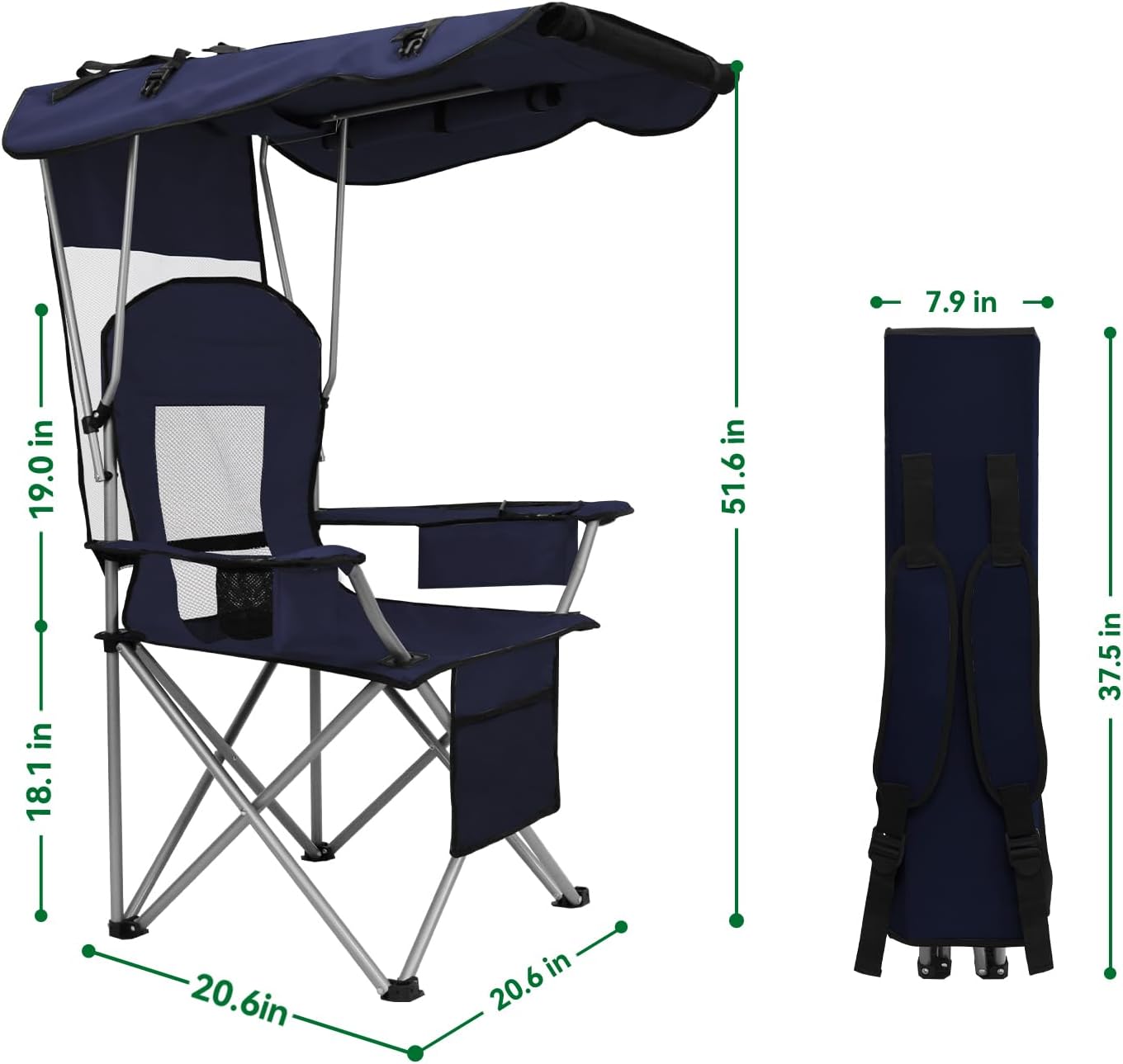 Silla camping reclinable plegable con toldo y portavasos
