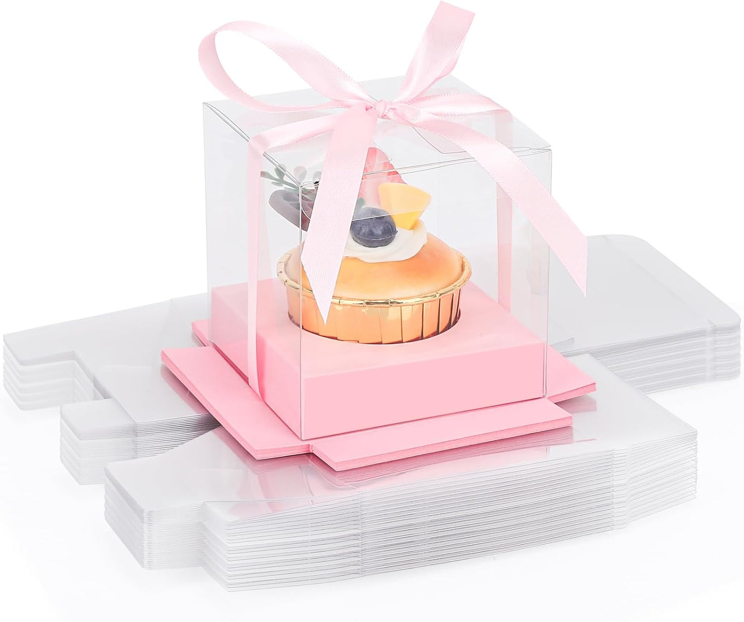 Soporte plástico transparente cupcakes 24uds 3.5" rosa
