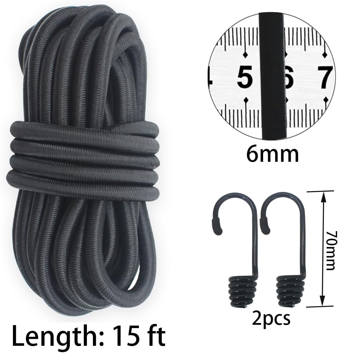 Cuerda elástica negra 1/4pulg 15ft poliéster Dacron