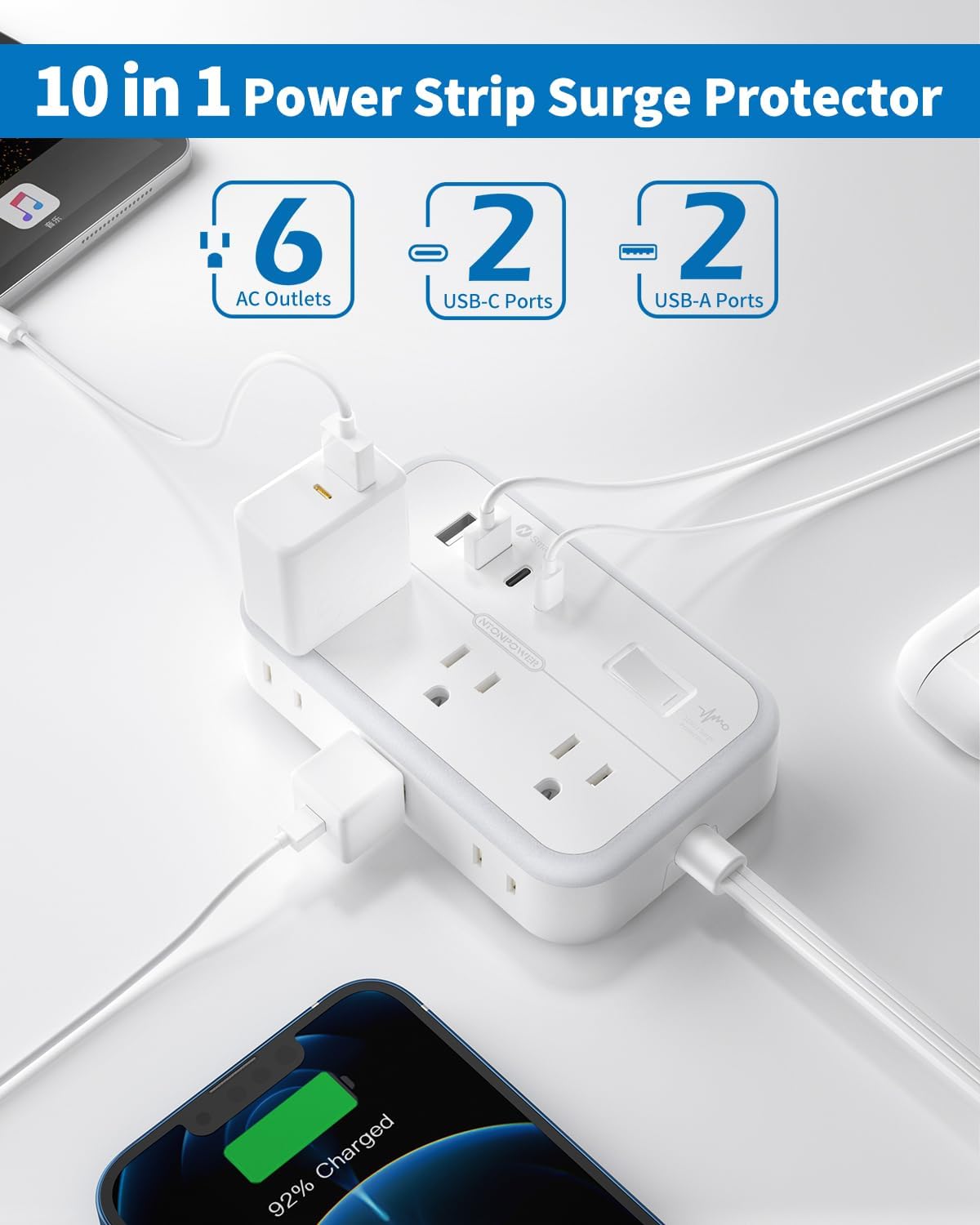 Cable extensión plano 15ft regleta 6 tomas 4 USB 2 USB C