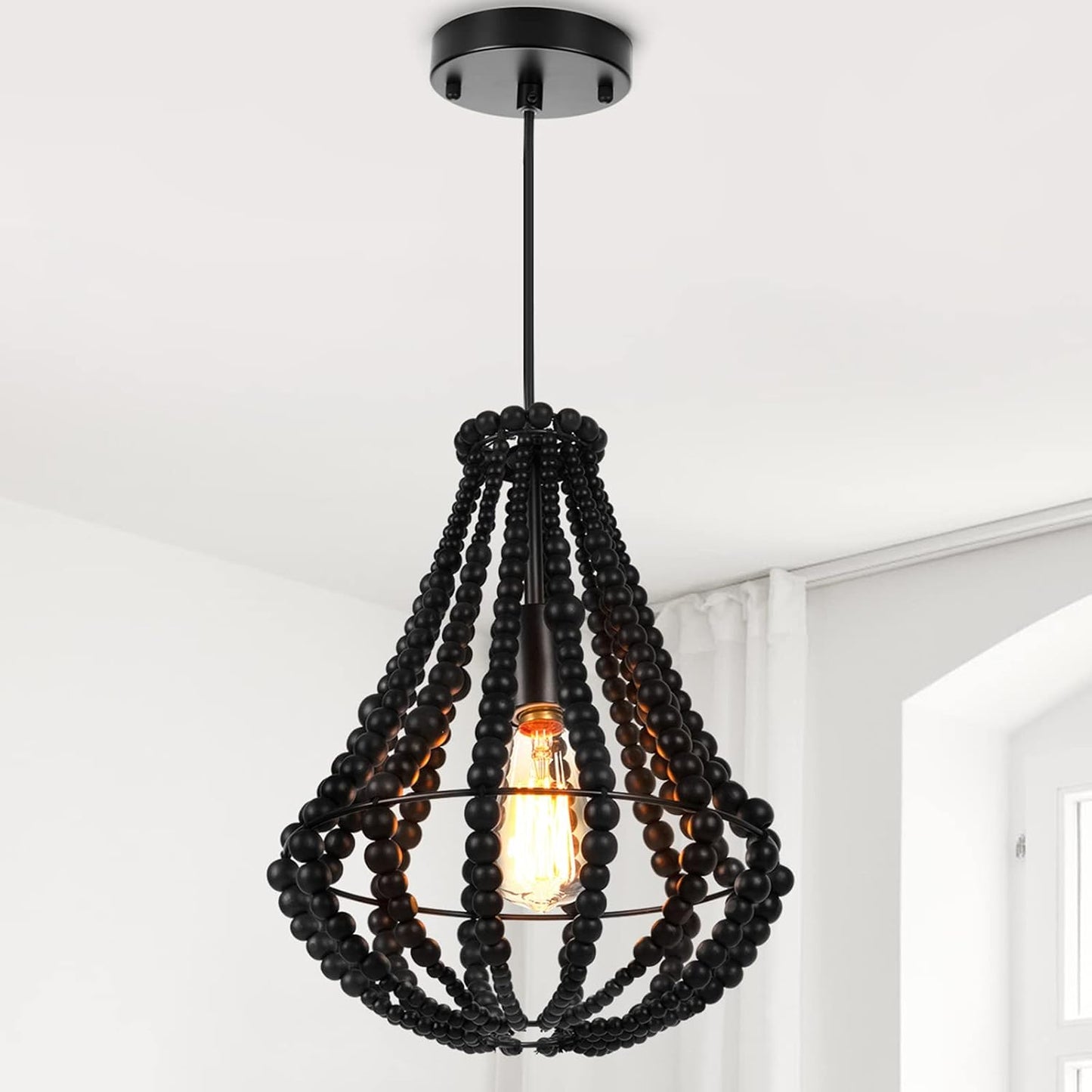 Lámpara colgante de madera con cuentas 11.5pulg negro