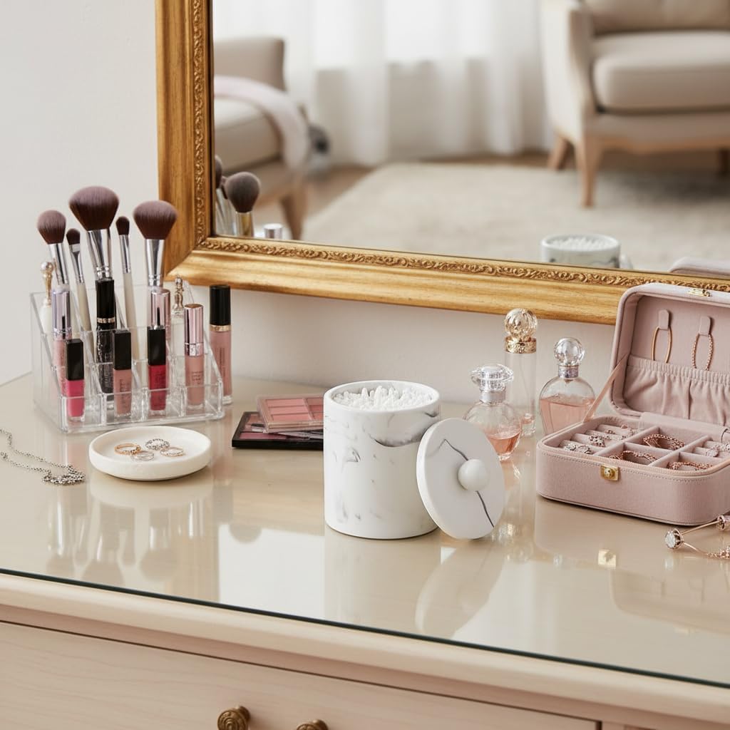 Dispensador soporte QTip baño con tapa recipiente cosméticos