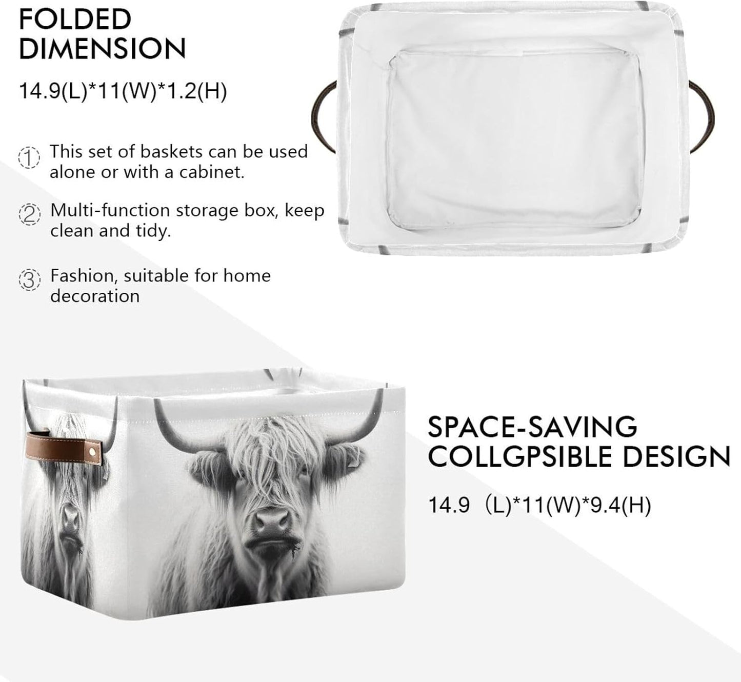 Cesta almacenamiento vacas altas con asas plegable sala estar
