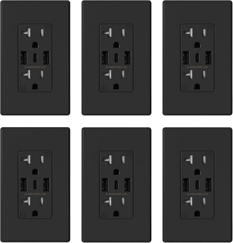 Tomacorrientes pared USB 3 puertos C 20 A negros