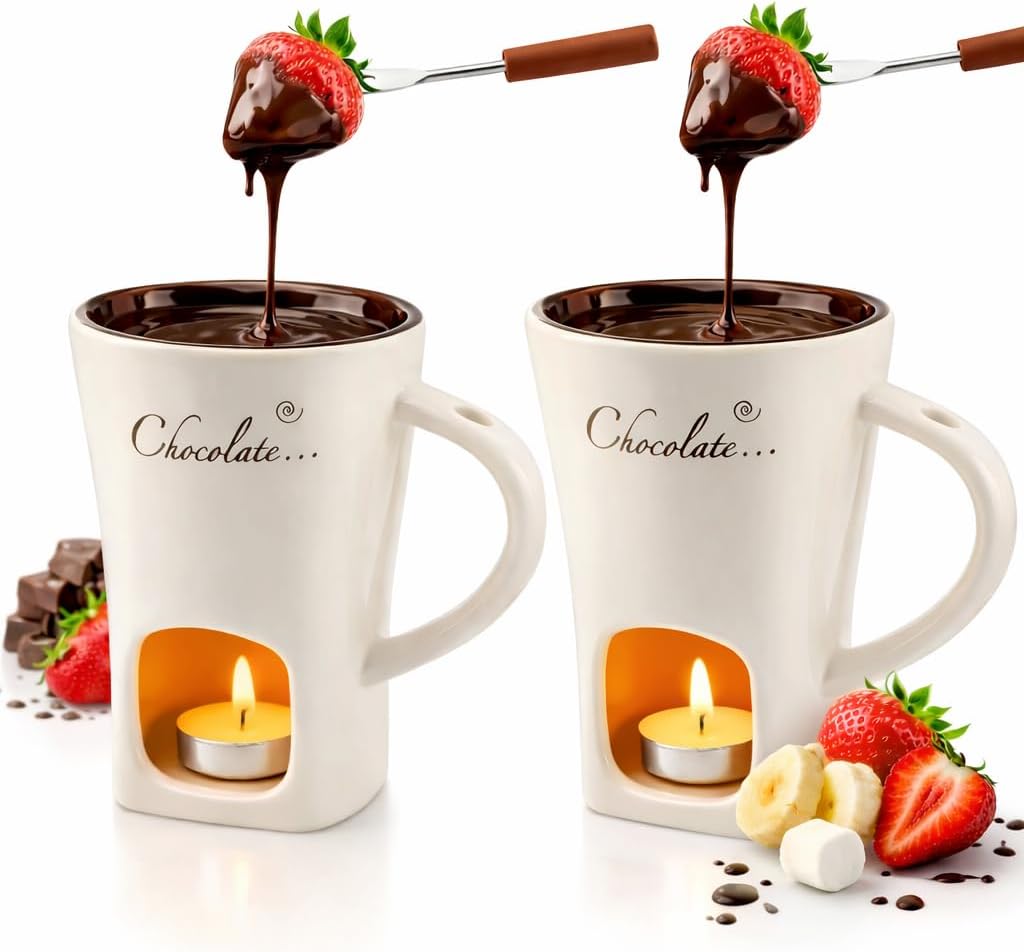 Juego tazas fondue cerámica para velas té con tenedor