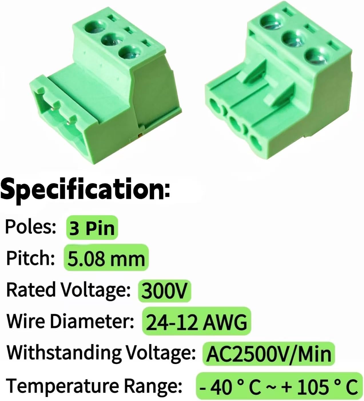 Set 20 conectores PCB 3 pines 0.200pulg Phoenix 300V 15A