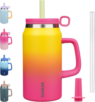 Vaso térmico acero inox 50oz con asa popote arcoíris