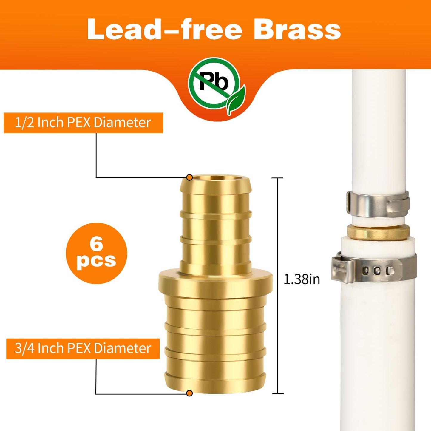 6 Pzas Accesorios PEX 3/4x1/2 pulg Latón Plomería