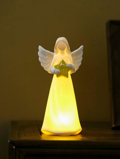 Luz nocturna ángel porcelana con versículo bíblico