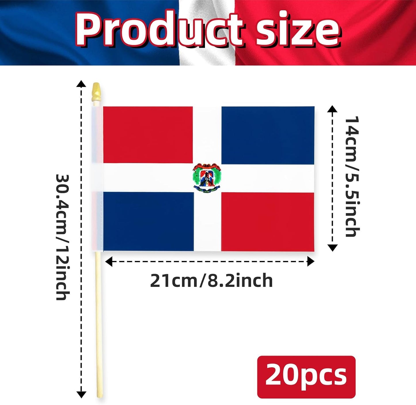20 Banderas República Dominicana 5x8pulg Madera Lanza Dorada